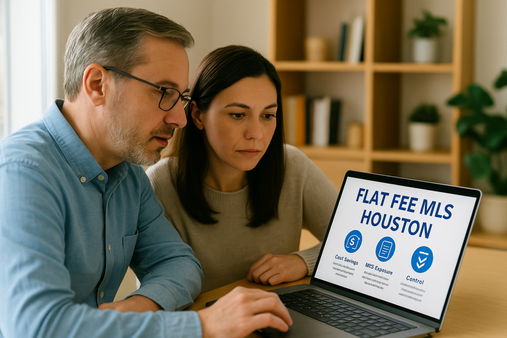 Couple researching flat fee MLS Houston options with a local flat fee realtor on laptop at home.