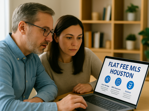 Couple researching flat fee MLS Houston options with a local flat fee realtor on laptop at home.