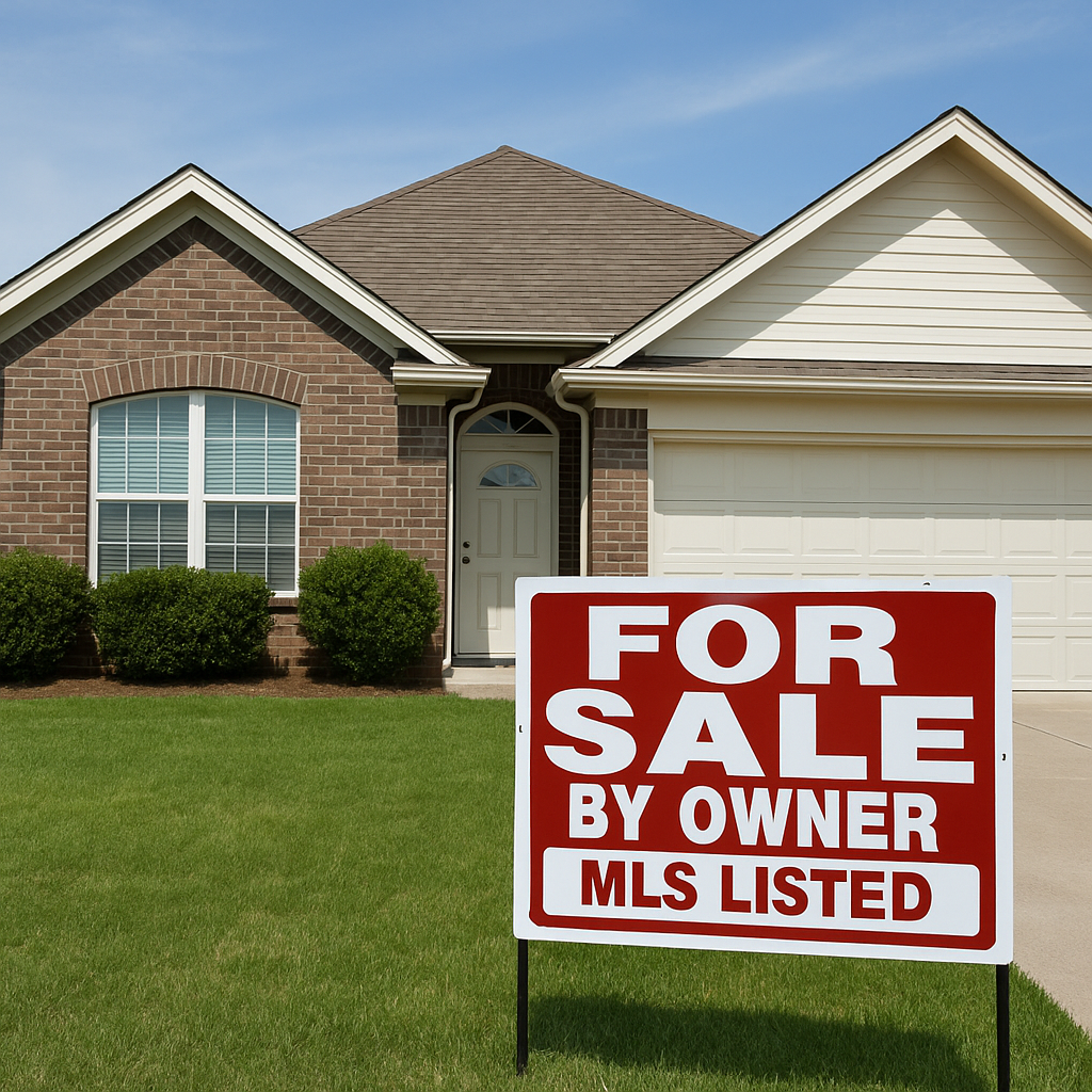 Houston suburban home with “For Sale By Owner” sign, listed on MLS, showcasing flat fee real estate service.